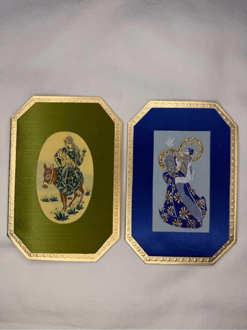 Set of Two Hand Embroidered Panels Tapestry Of Mary with Jesus Religious Plaques